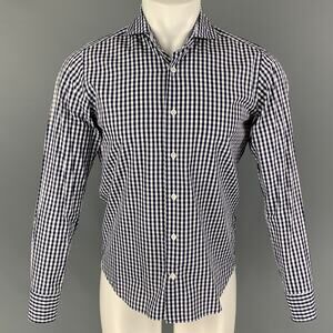 HITOYOSHI Size M Navy White Checkered Cotton Button Up Long Sleeve Shirt